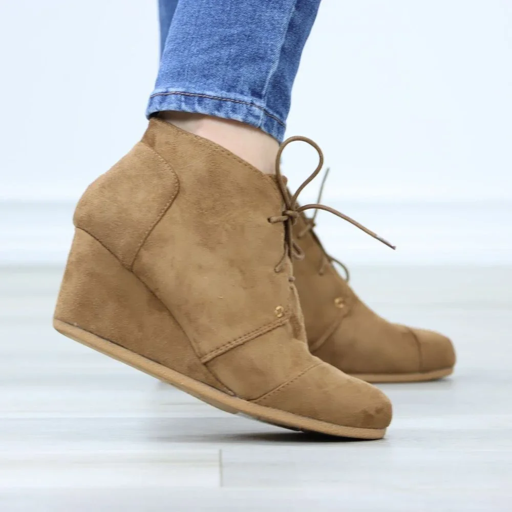 Tan Faux Suede Round Toe Wedge Heel Lace Up Ankle Boots - Picture 2 of 12